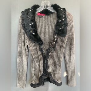 CARINA SZ Medium faux fur bedazzled cardigan with chain, ruffle and bead details